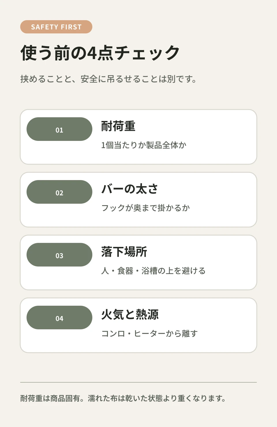 耐荷重、バーの太さ、落下場所、火気と熱源を確認するステンレスクリップハンガーの安全図