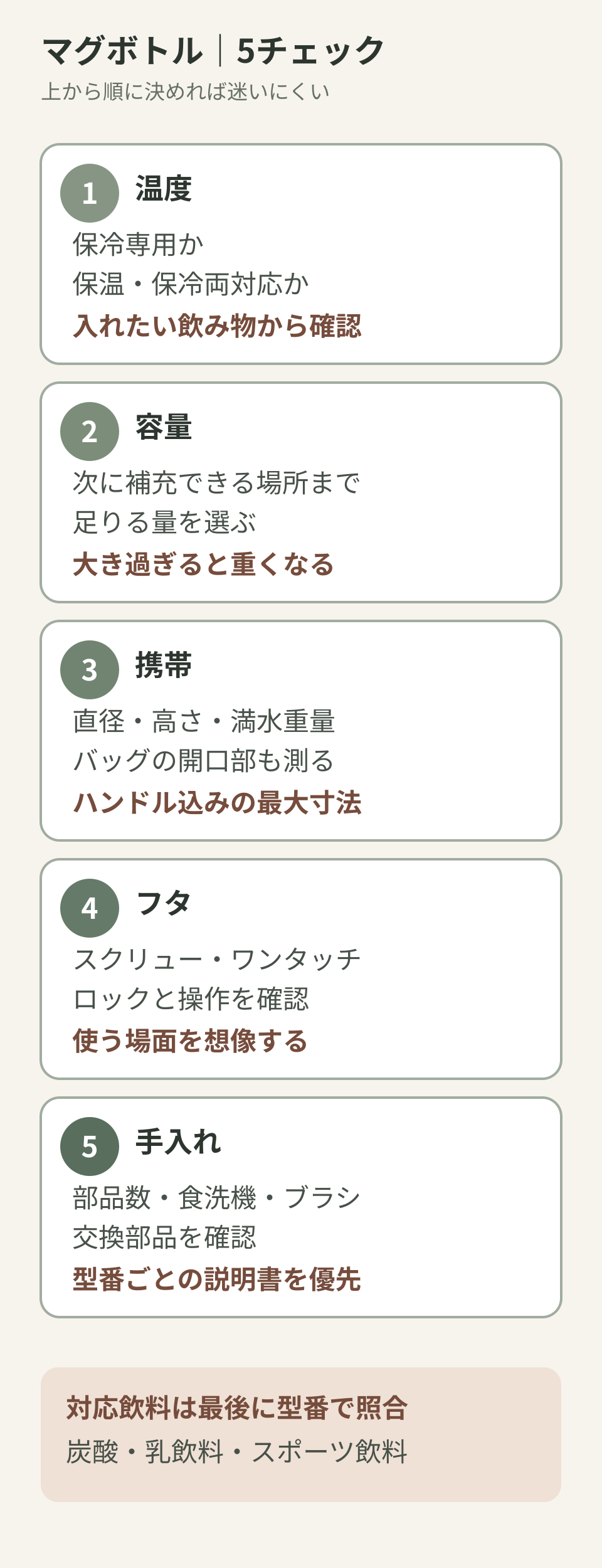 飲み物と温度、容量、フタ、洗う部品、対応飲料を順番に確認するマグボトル選びの5項目