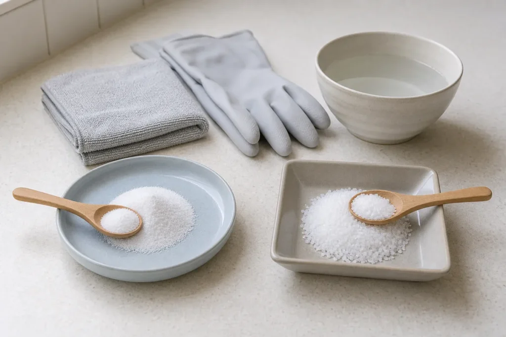 白い粉を別々の小皿に計量し、布、保護手袋、水の入ったボウルをそろえた掃除前の準備