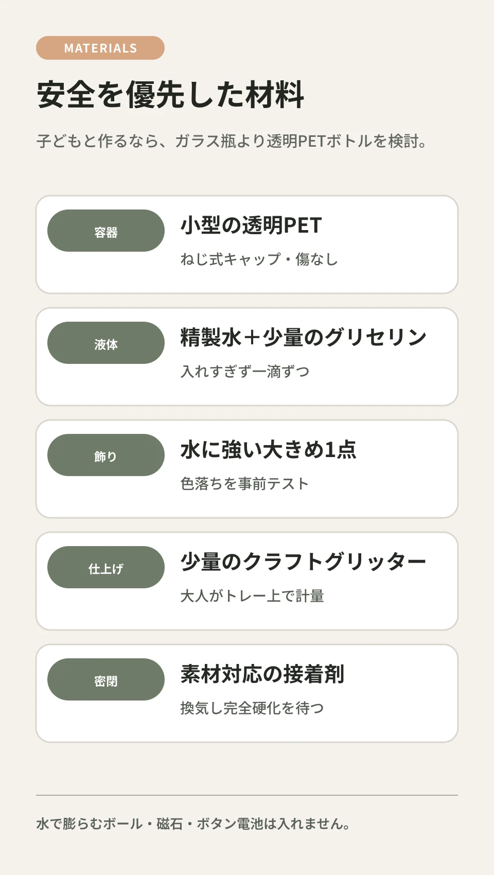 透明PETボトル、精製水、グリセリン、防水性の飾り、クラフトグリッター、漏斗、接着剤、トレーを示した材料図