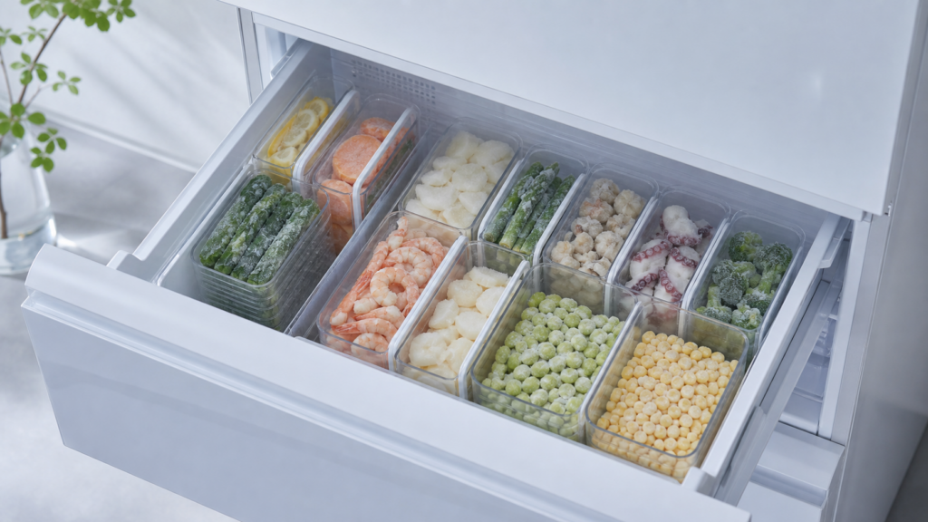 冷凍庫内の食品を立てて整理した収納例