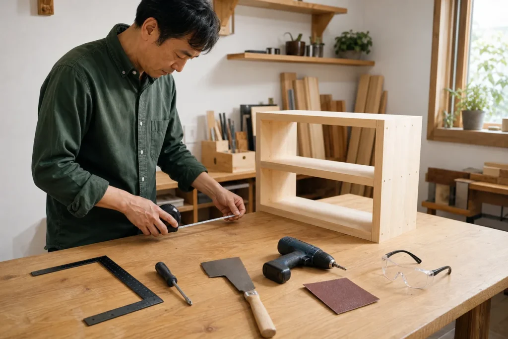 工具を作業別に並べ、木製棚の幅を測る40代男性