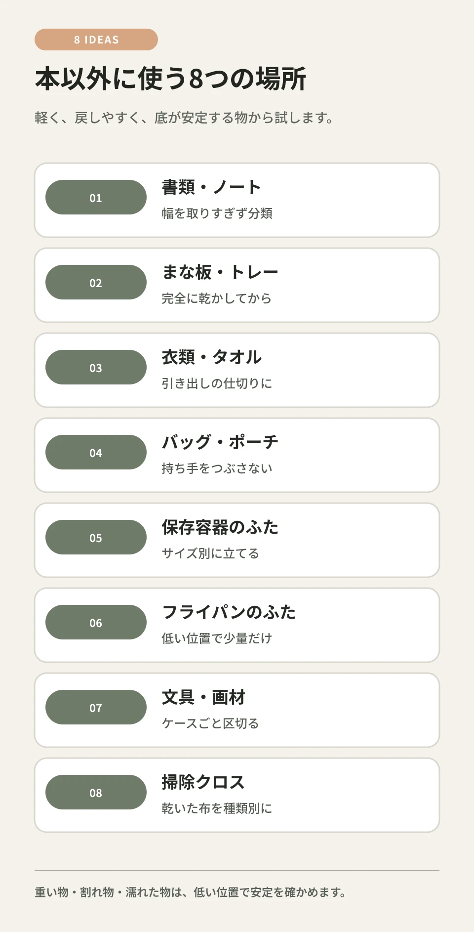 最初は軽い物を一用途だけ。使いやすければ次の場所へ広げます。