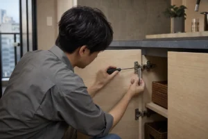 食器棚のスライド蝶番を調整する30代男性