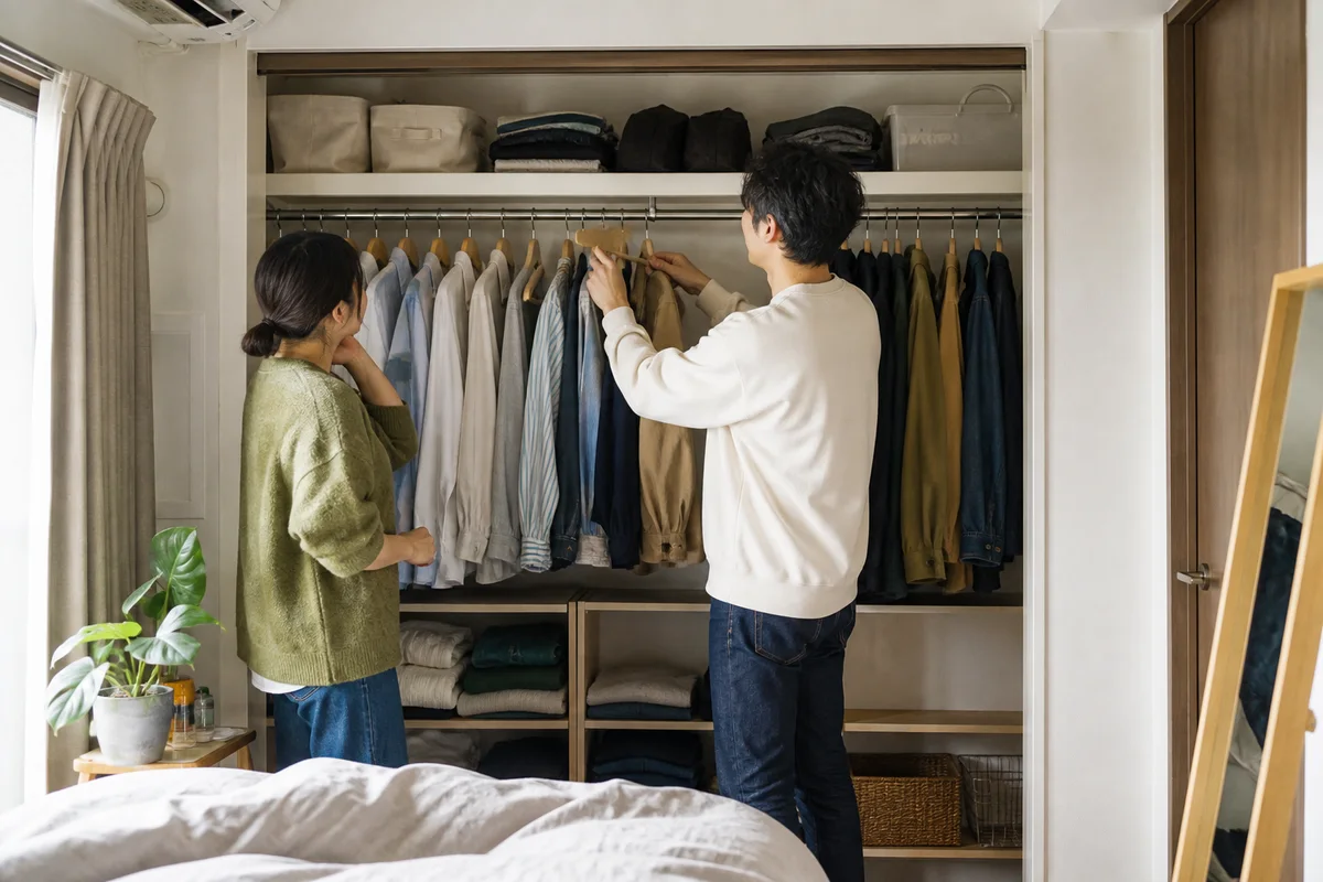 余白を残したクローゼットで服の間隔を確認する20代の男女