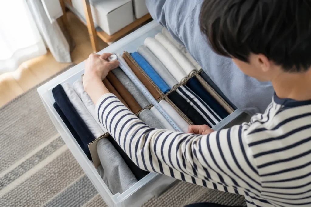 仕切りを使って衣装ケースへ服を立てて収納する20代男性