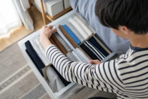 仕切りを使って衣装ケースへ服を立てて収納する20代男性