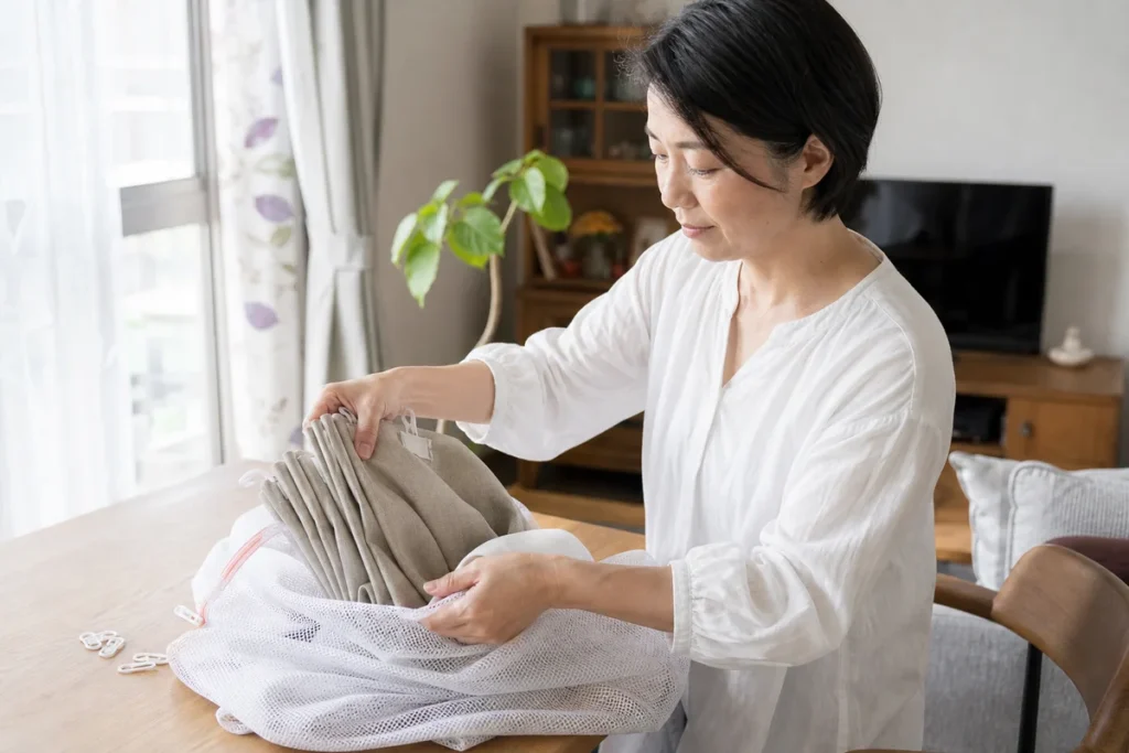 カーテンのフックを外し屏風だたみにして洗濯ネットへ入れる40代女性