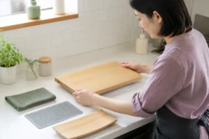 木のまな板の四隅を押して安定を確認する30代女性と濡れ布巾、滑り止めマット