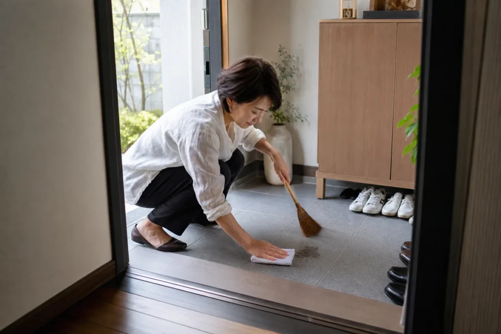 玄関の砂をほうきで集め、固く絞った布で部分拭きする50代女性