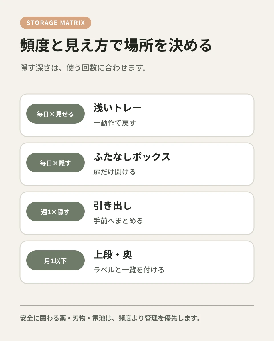 頻度が高い物ほど、ふたと奥行きを減らします。