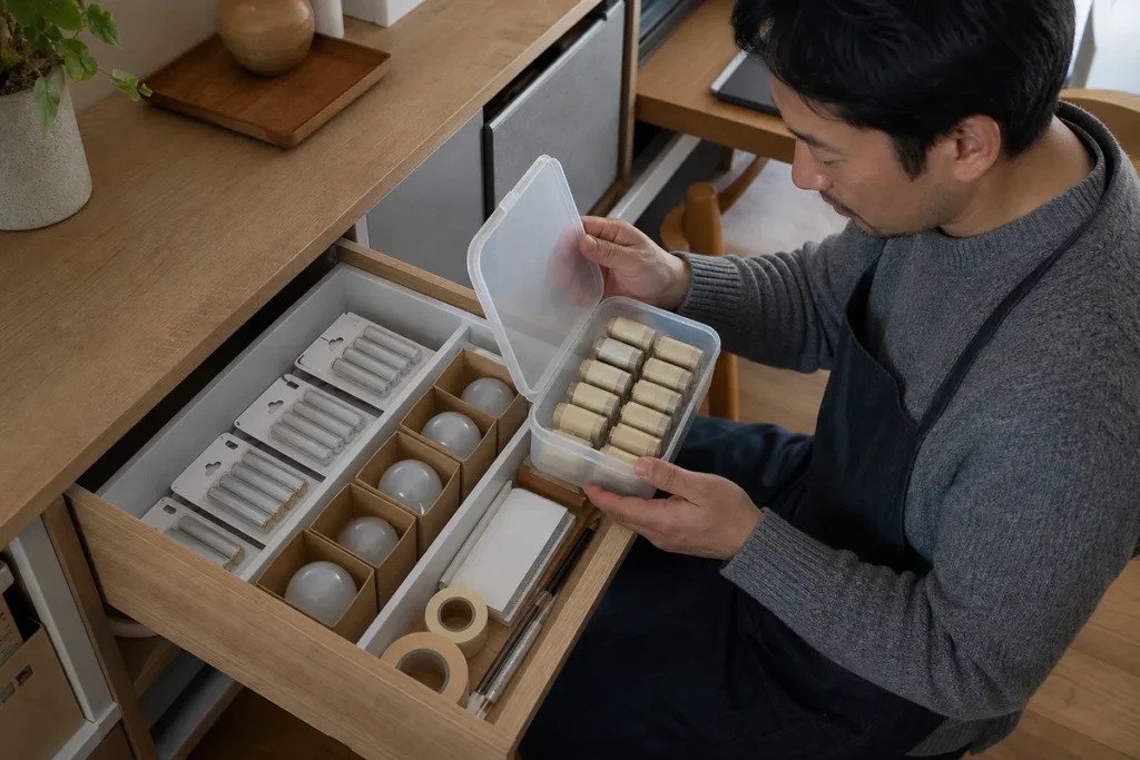 乾電池と電球、文房具を用途別の指定席へ収納する40代男性