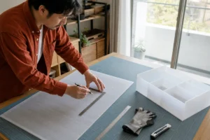 プラダンの目方向を確認しながら定規で採寸する30代男性と完成した軽量仕切り