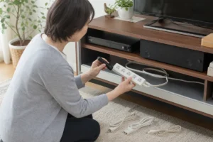 電源を抜いたタップとコードの状態を確認する50代女性