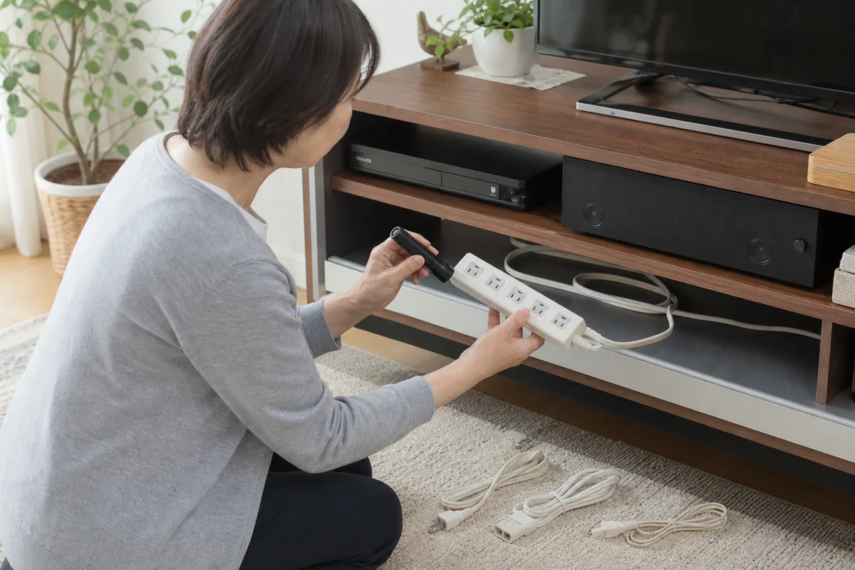 電源を抜いたタップとコードの状態を確認する50代女性