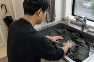 雨の日に使ったレインジャケットを洗面台でやさしく洗う30代男性