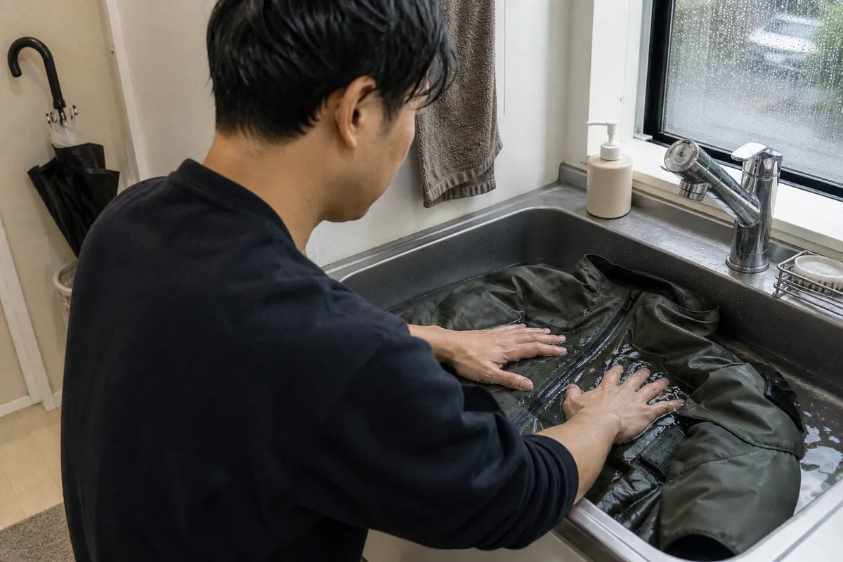 雨の日に使ったレインジャケットを洗面台でやさしく洗う30代男性