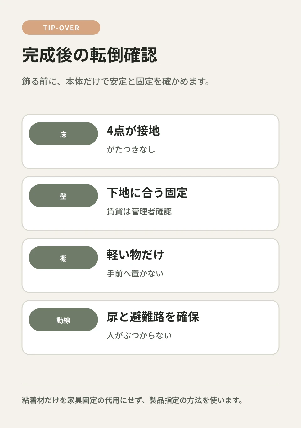 床・壁・棚・動線の四つを確認してから物を飾ります。