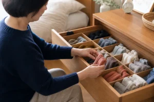 仕切った引き出しへ色と丈別に靴下を収納する50代女性