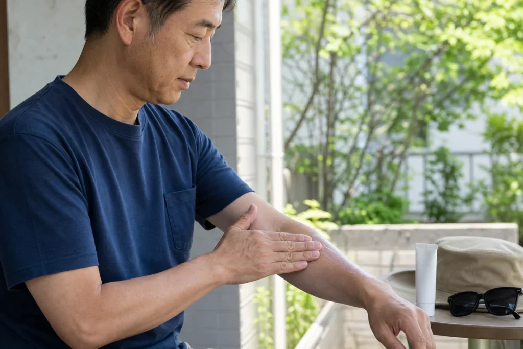 外出前に前腕へ日焼け止めを塗る50代男性