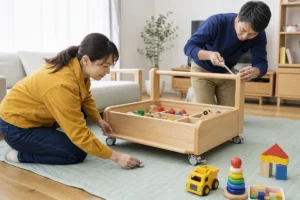 低い木製おもちゃワゴンのキャスターロックと持ち手高さを確認する30〜40代男女