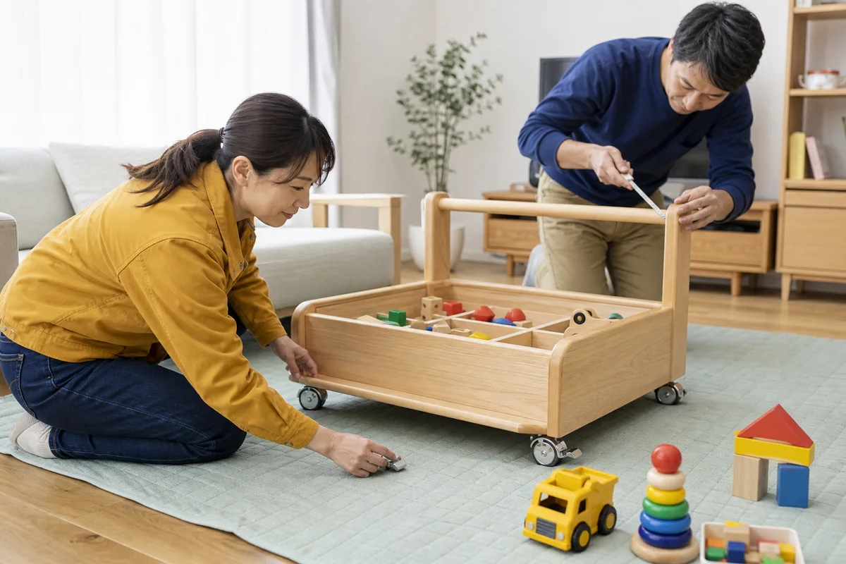 低い木製おもちゃワゴンのキャスターロックと持ち手高さを確認する30〜40代男女