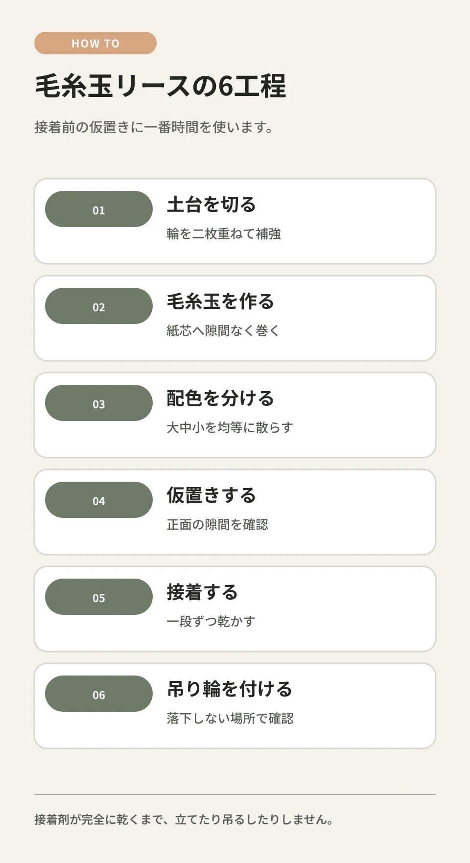 一度に全面を貼らず、土台を平らに置いて少しずつ乾かします。