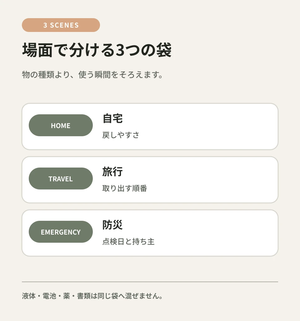 自宅・旅行・防災で、袋へ求める役割を分けます。
