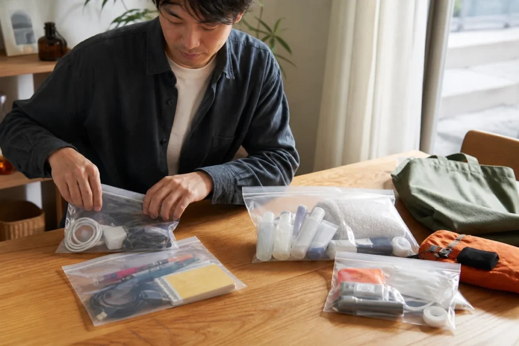 自宅用、旅行用、防災用に分けた透明ファスナー付きバッグを男性がテーブルで整理する様子